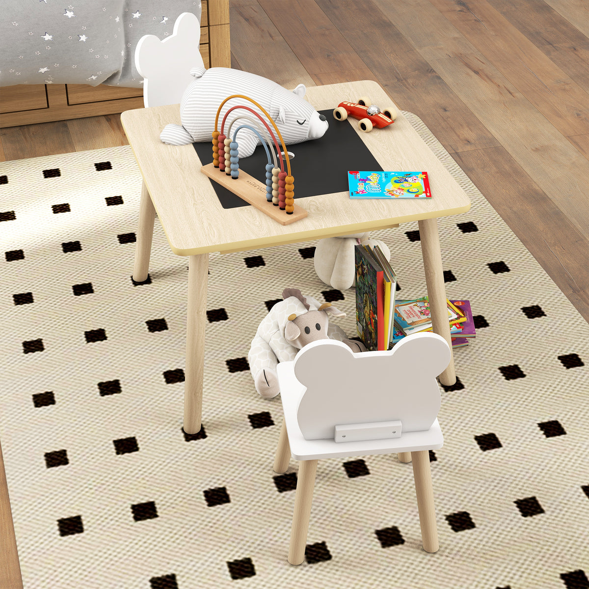 Ensemble 1 table et 2 chaise 3 pièces pour enfants avec plateau réversible espace de rangement bois naturel