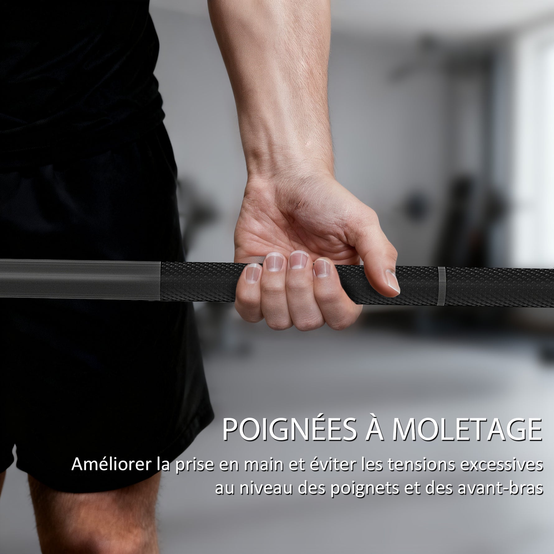 Barre Olympique de 50 mm en Acier Finition Mate avec Prise Moletée et Manchons Longs, Charge 200 kg, Ø5 x 180 cm, Noir