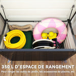 Coffre de rangement métal boîte de jardin 350L double vérins à gaz  verrouillable pour coussins outils gris anthracite