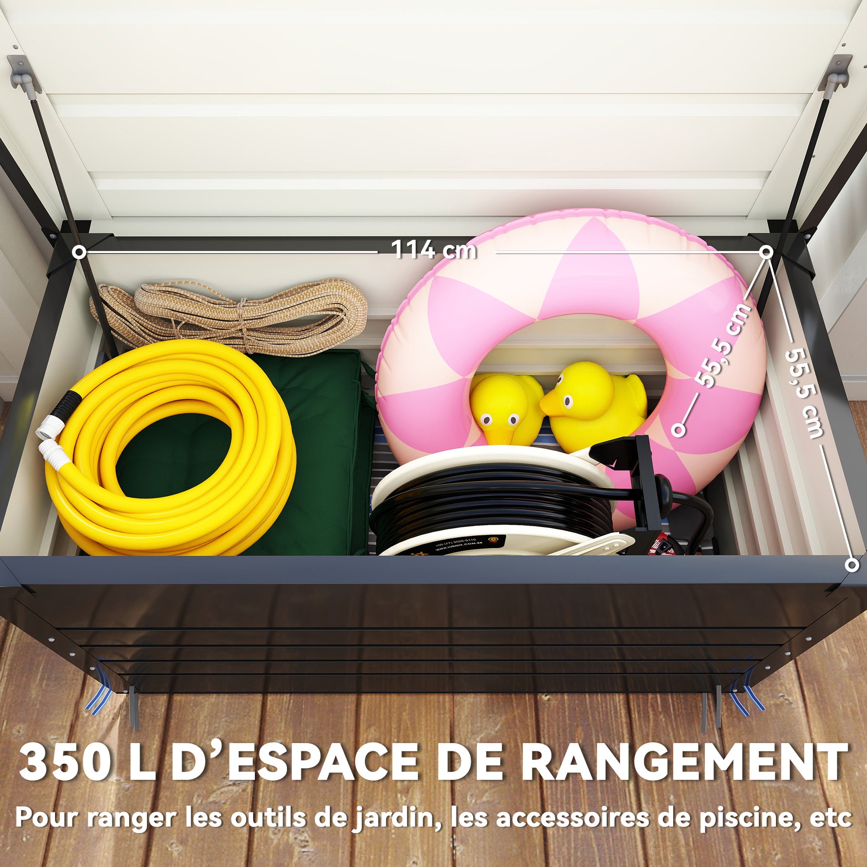 Coffre de rangement métal boîte de jardin 350L double vérins à gaz  verrouillable pour coussins outils gris anthracite