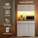 Buffet cuisine meuble cuisine rangement haut avec lumière LED RGB, plan de travail, 6 portes, 2 tiroirs, blanc