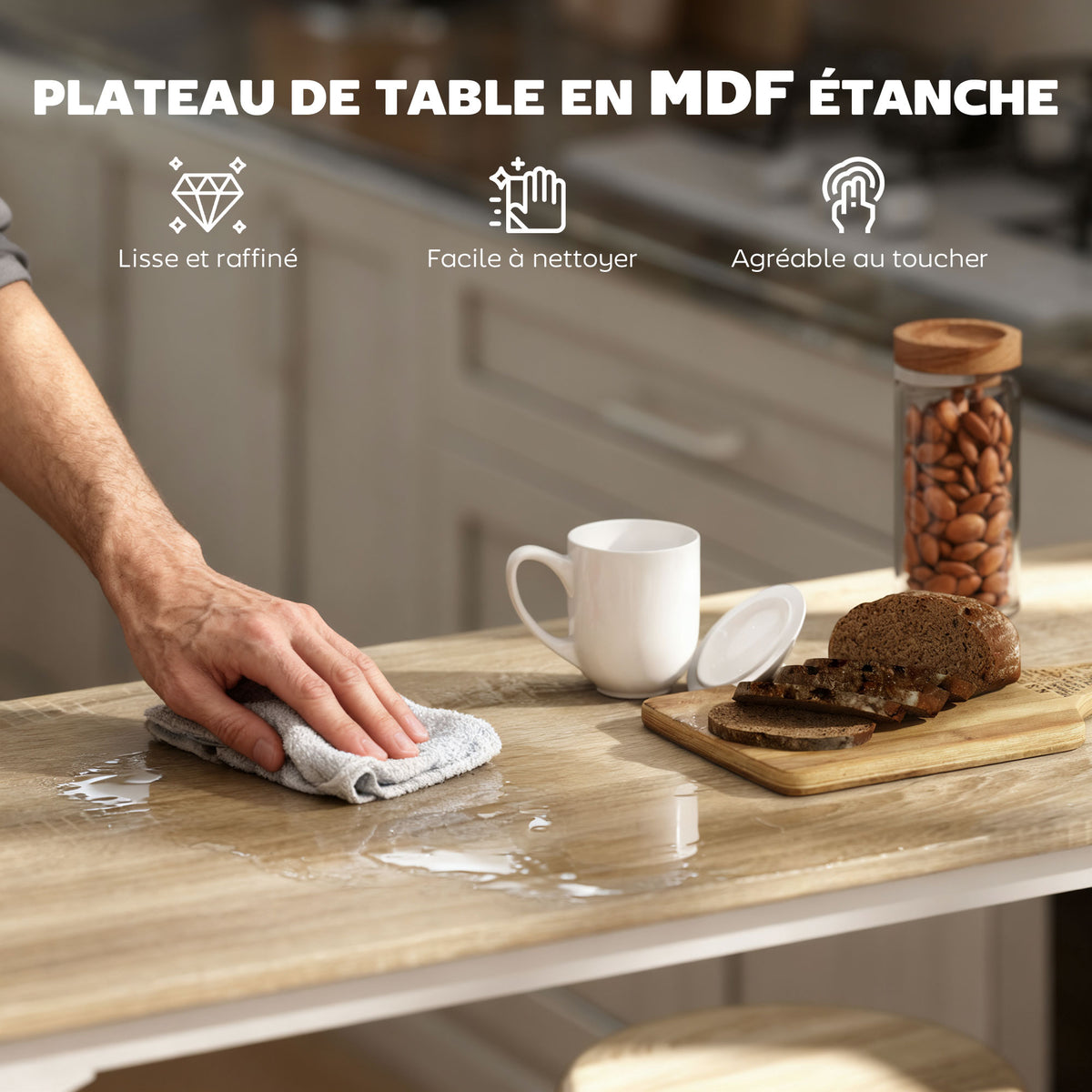 Set van bartafel en 4 krukken met voetensteun in moderne stijl, metalen frame met natuurlijk houteffect