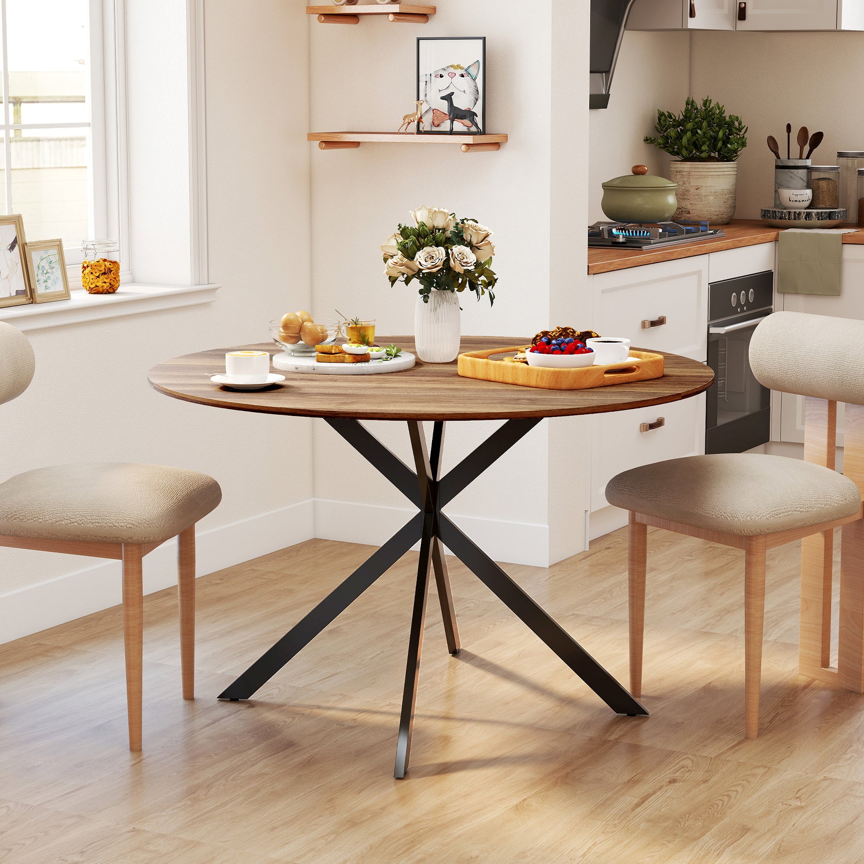 Table à manger ronde pour 4 personnes 120 cm style industriel avec plateau aspect bois, piètement croisé en acier, marron