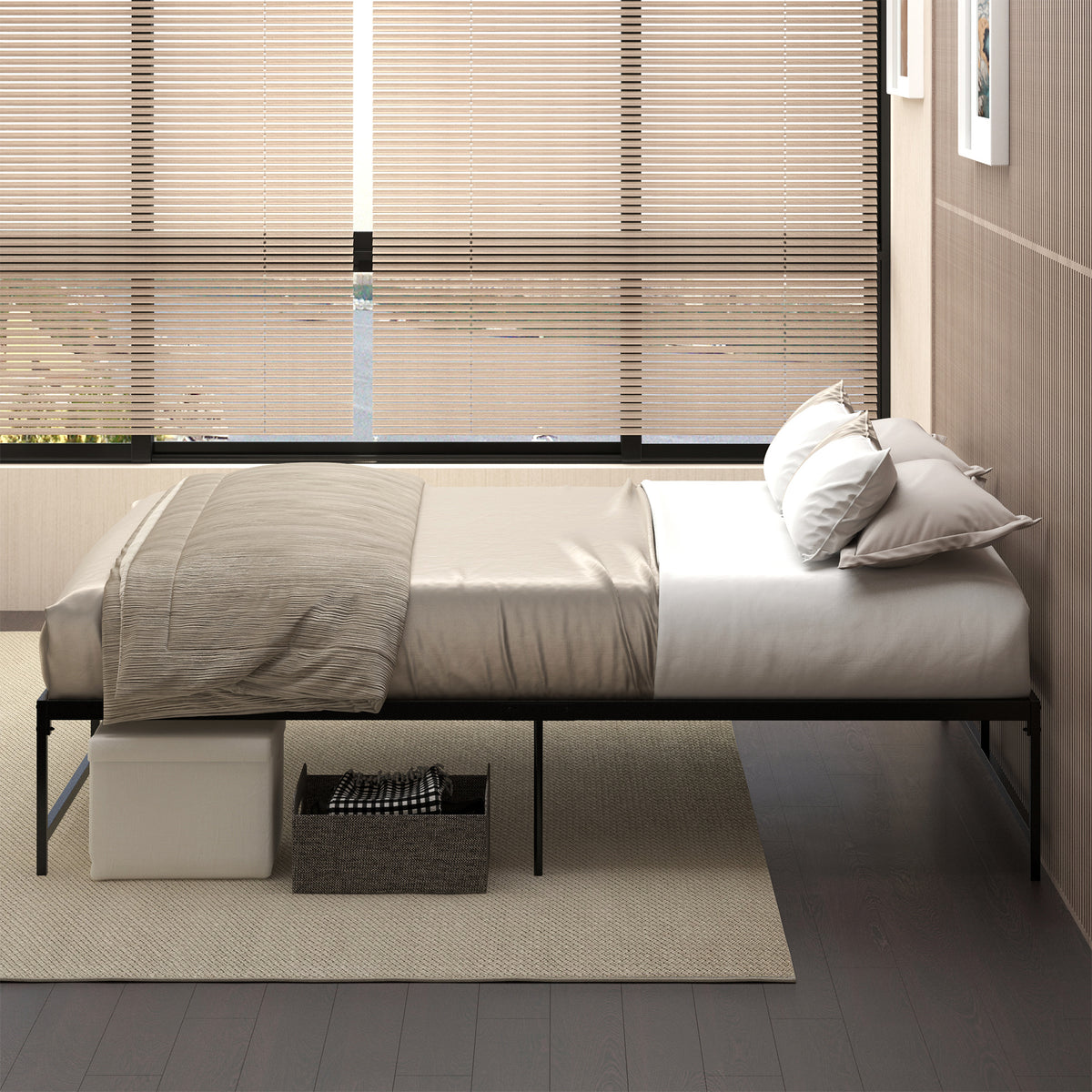Cadre de lit double 140 x 190 cm, lit double 2 personnes en acier, hauteur 31 cm avec rangement, sommier à lattes, noir