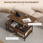 Table basse relevable table de salon compartiment caché 2 étagères inférieures 100 x 80 x 60 cm marron rustique noir