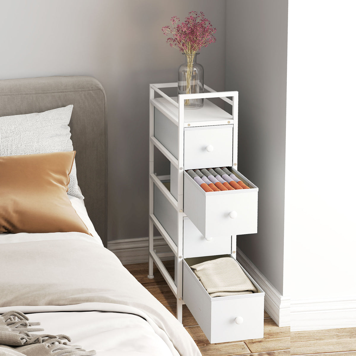 Ladekast met 4 opvouwbare stoffen lades, smalle opbergkast, moderne stijl, stalen frame, 20 x 43 x 81,5 cm, wit