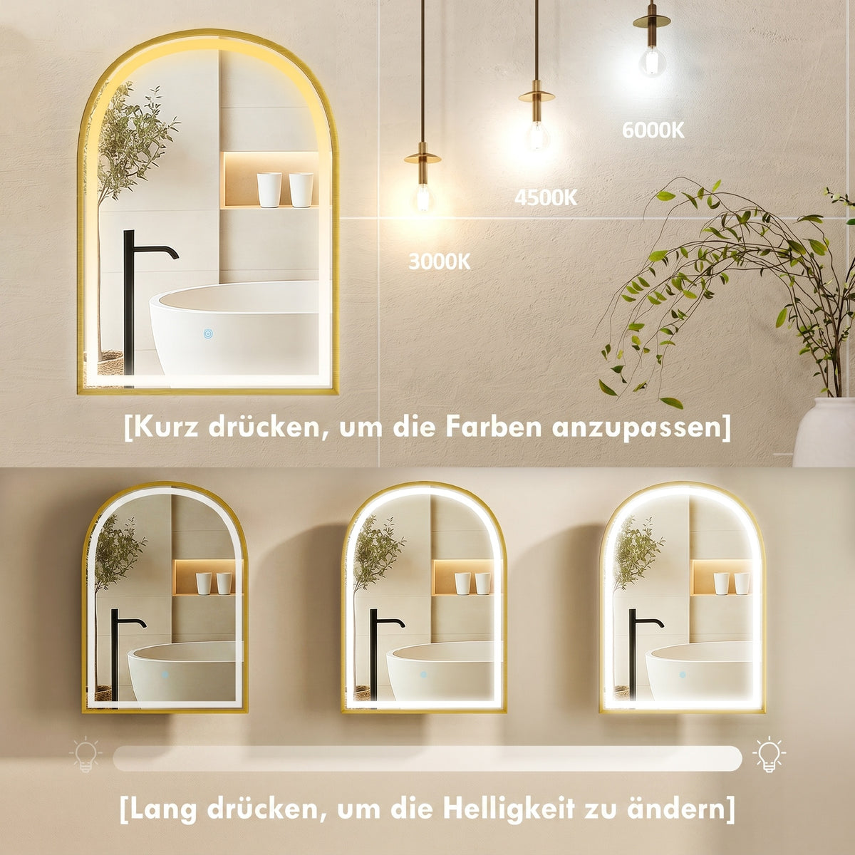 Armoire murale salle de bain avec miroir et éclairage LED, porte arquée, anti-buée, 50x14,5x70cm, doré