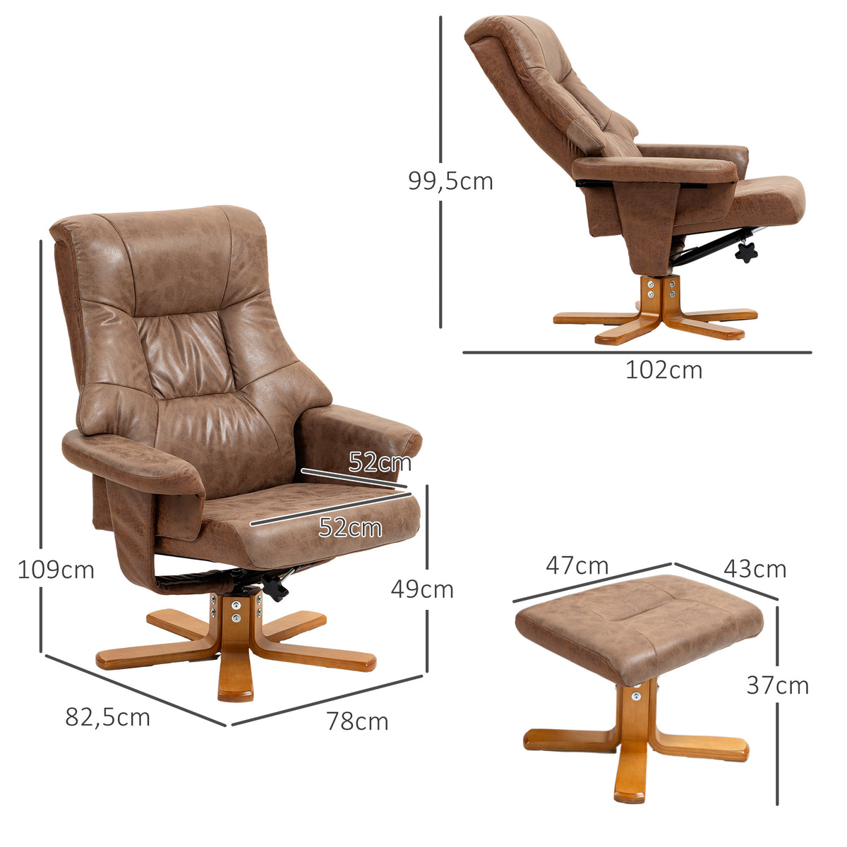 Fauteuil relax inclinable 135° pivotant 360° avec repose-pieds revêtement microfibre marron
