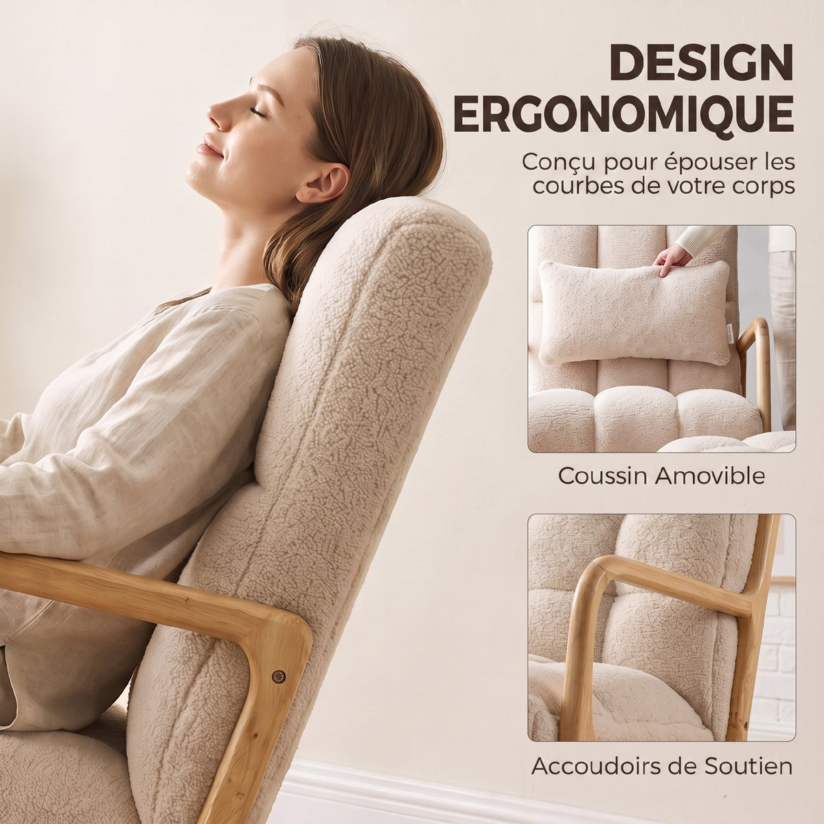 Schommelstoel met Voetensteun, Rocking Chair van Boucléstof, Houten Poten, 64,5 x 82 x 89 cm, Beige
