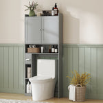 Meuble WC dessus de toilette ou machine à laver, 2 portes, 3 compartiments, porte-papier toilette, 80x19,5x170cm, gris