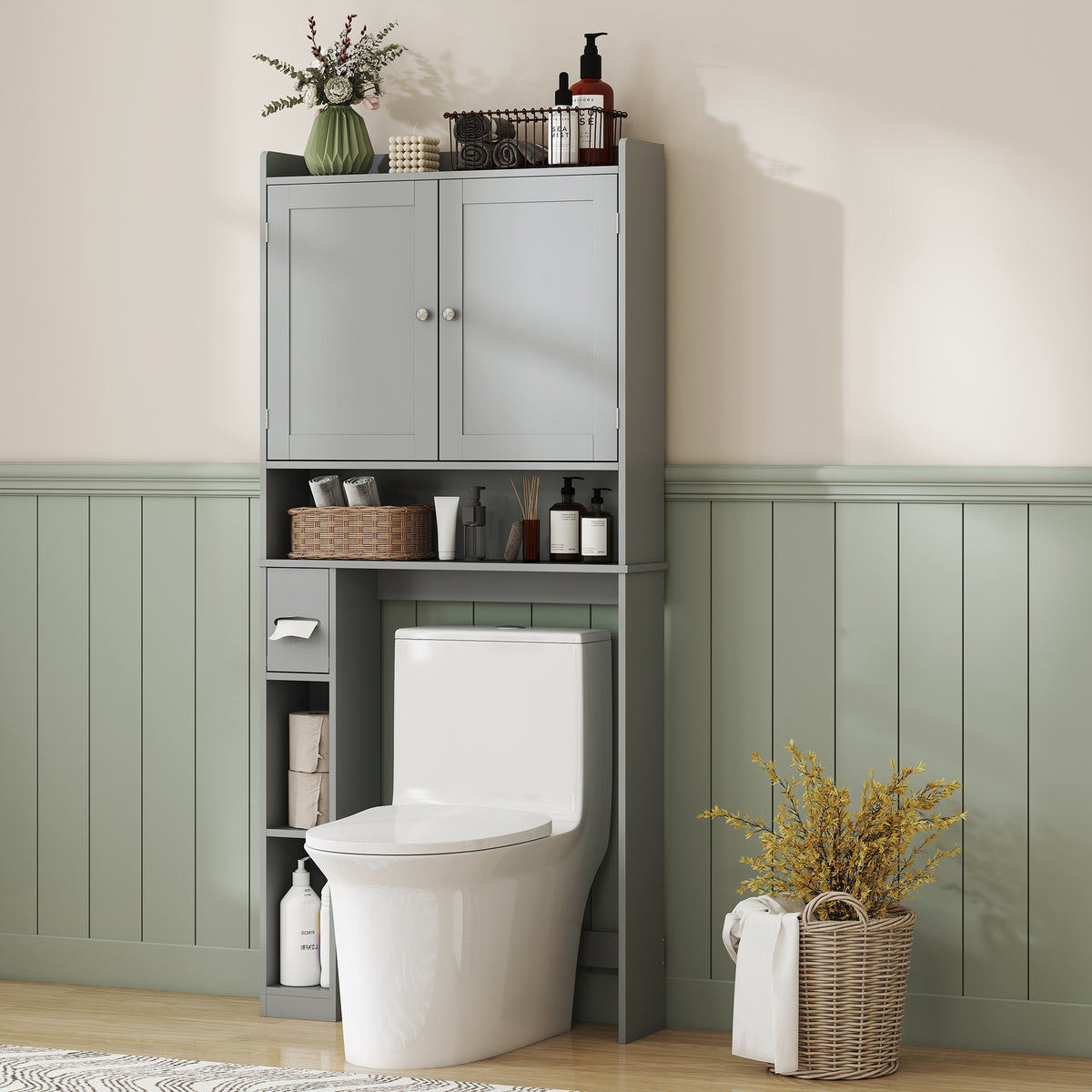 Meuble WC dessus de toilette ou machine à laver, 2 portes, 3 compartiments, porte-papier toilette, 80x19,5x170cm, gris