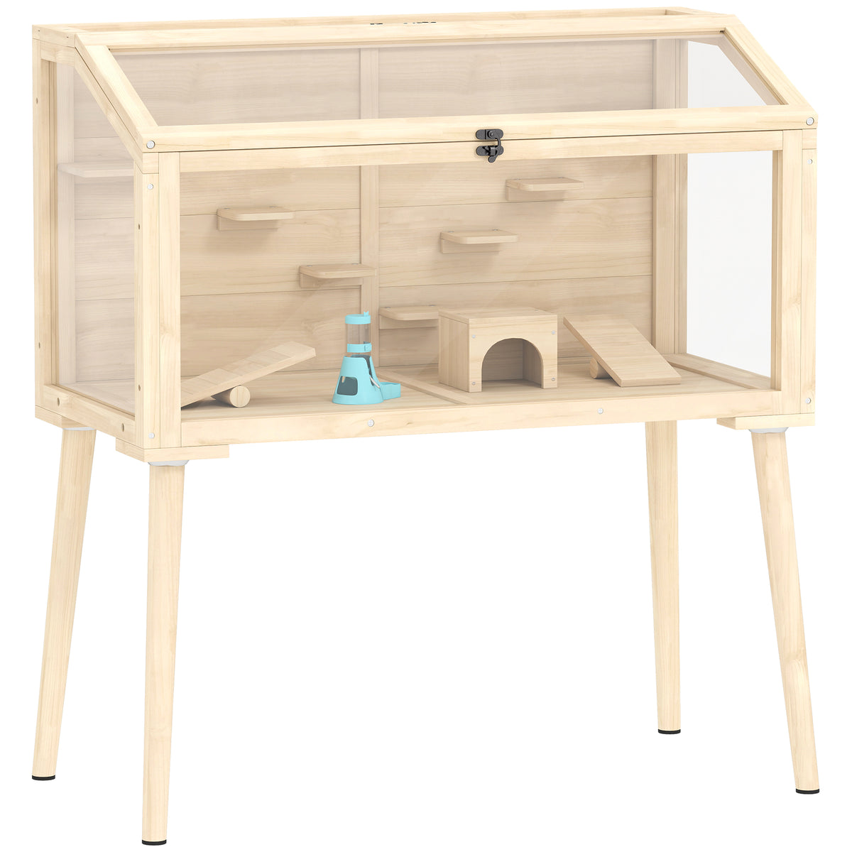 Cage hamster habitats pour rongeur bois toit ouvrable 7 plateformes 2 balançoires 110x52x101cm effet bois naturel