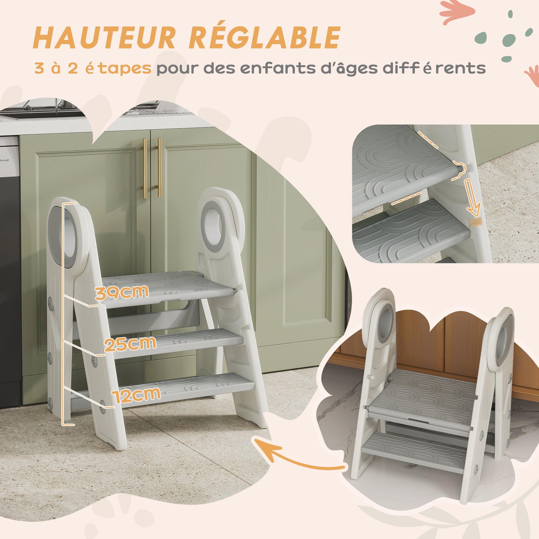 Marche pied pour enfant 3 marches, marchepied de cuisine pour enfant, pliable, hauteur ajustable de 2 à 3 marches, gris