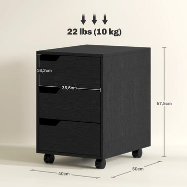 Caisson bureau mobile, meuble rangement bureau sur roulettes, 3 tiroirs, 40x50x57,5cm, noir