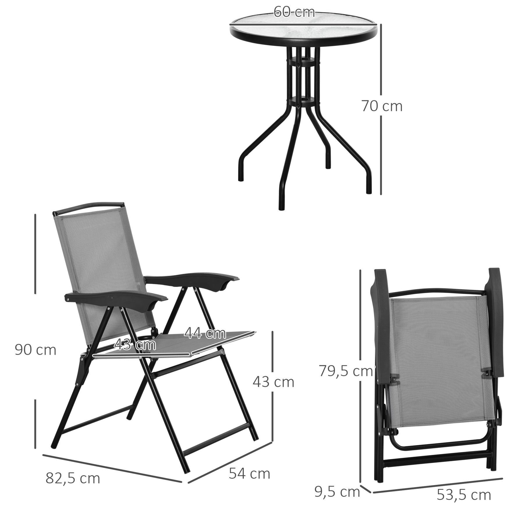 Ensemble de jardin 3 pièces 2 chaises inclinables multi-positions pliables table ronde verre trempé métal textilène gris