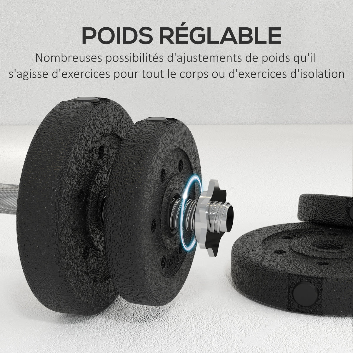 Ensemble d'haltères courtes total 25 kg dumbbell paires poids réglable - barres incluses acier polyuréthane noir