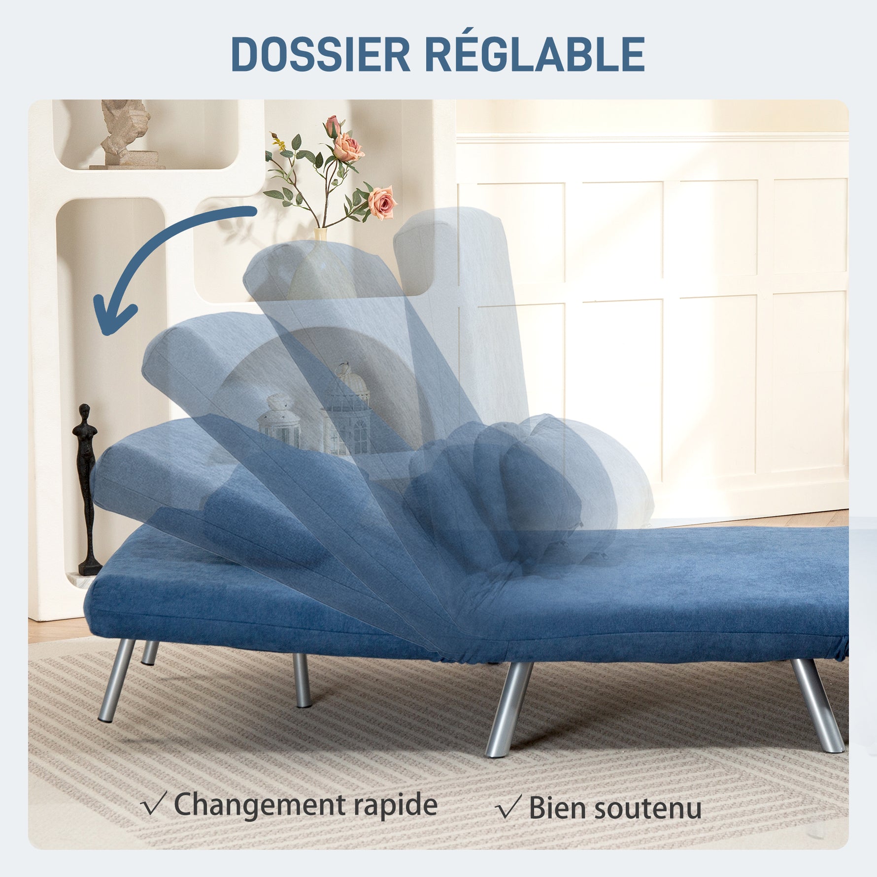Fauteuil convertible 1 place, fauteuil-lit clic-clac 3 en 1 avec dossier réglable, oreiller, assise large, bleu