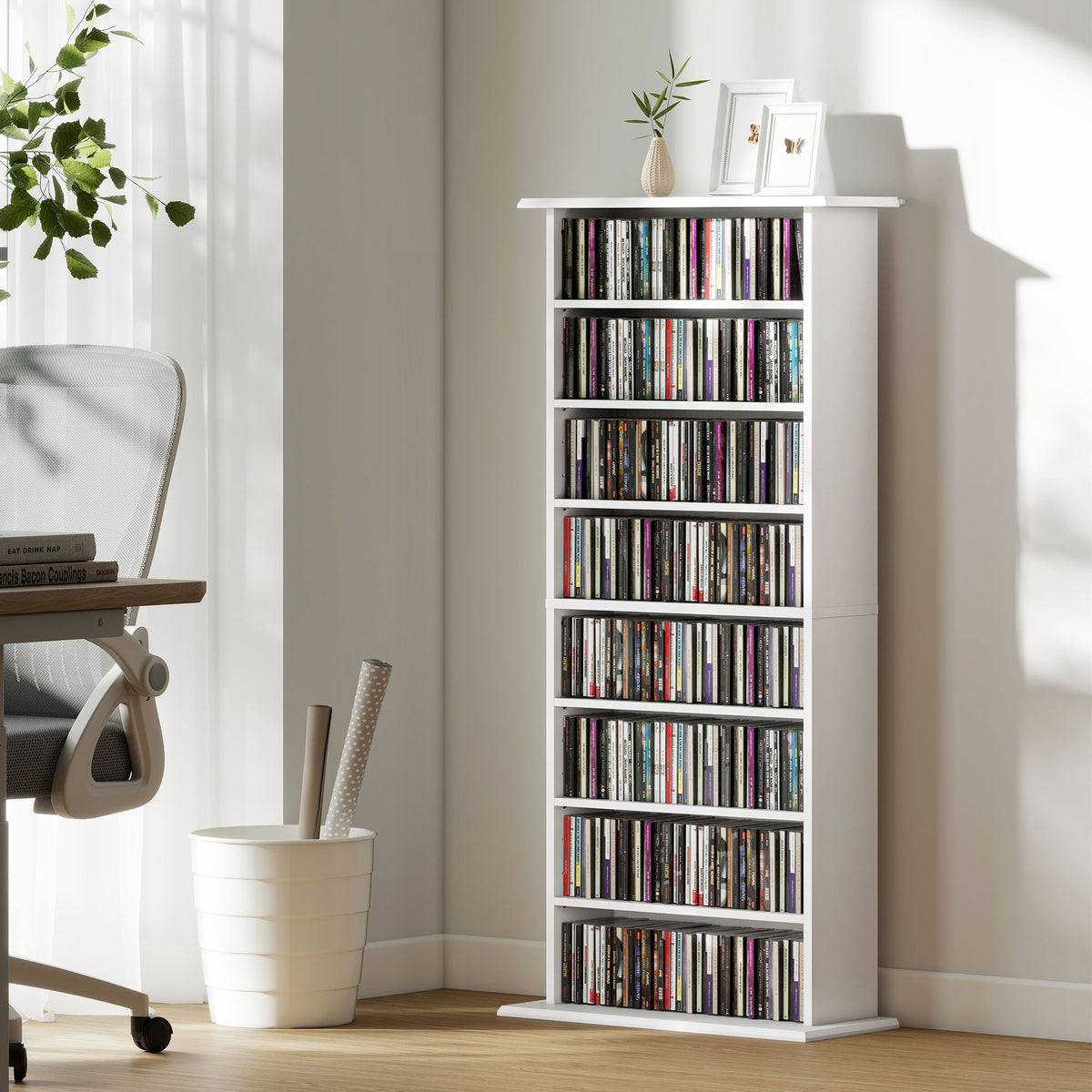 Rangements pour CD et DVD avec 8 compartiments et 6 étagères réglables, capacité max. 360 CD/185 DVD et Blu-ray, blanc
