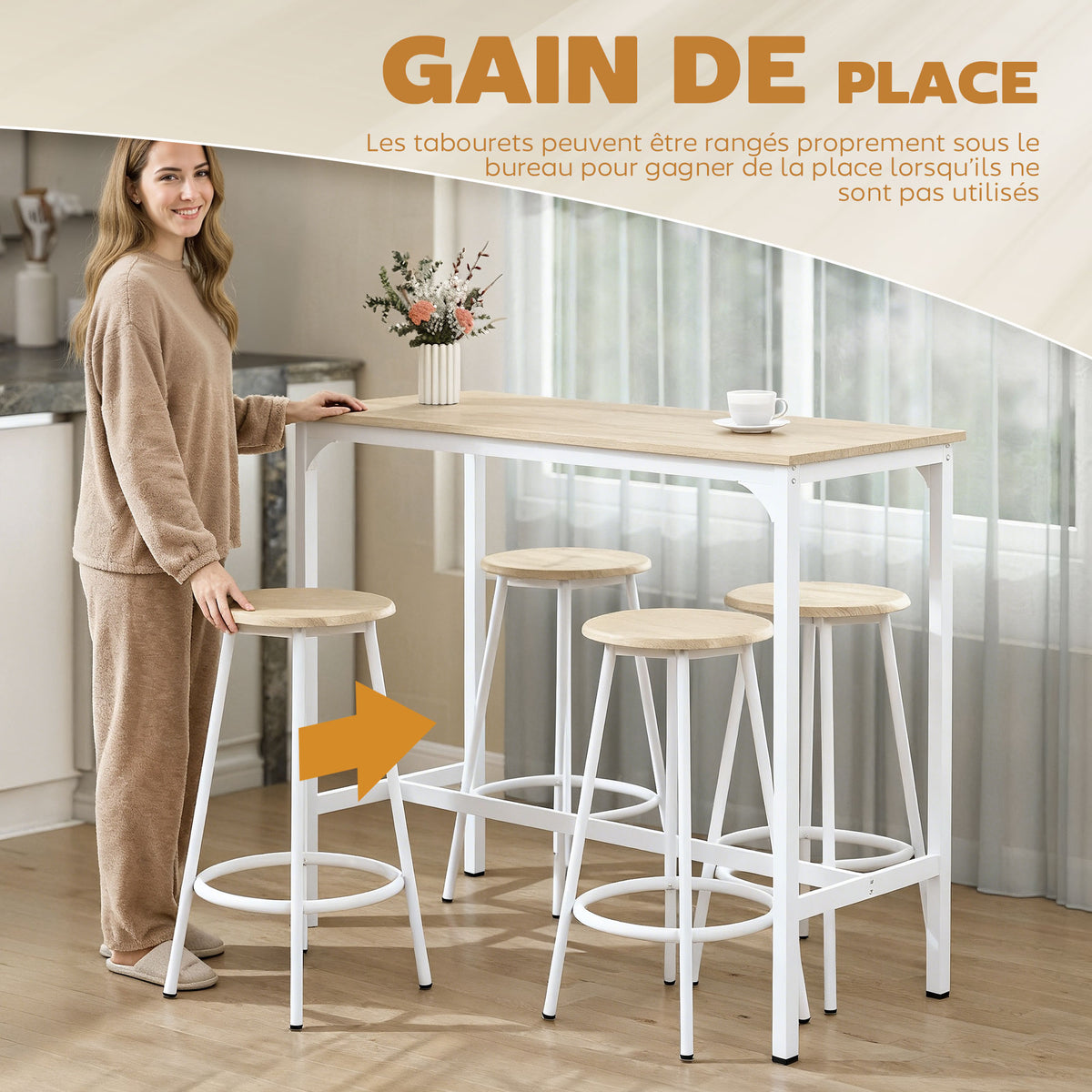 Set van bartafel en 4 krukken met voetensteun in moderne stijl, metalen frame met natuurlijk houteffect