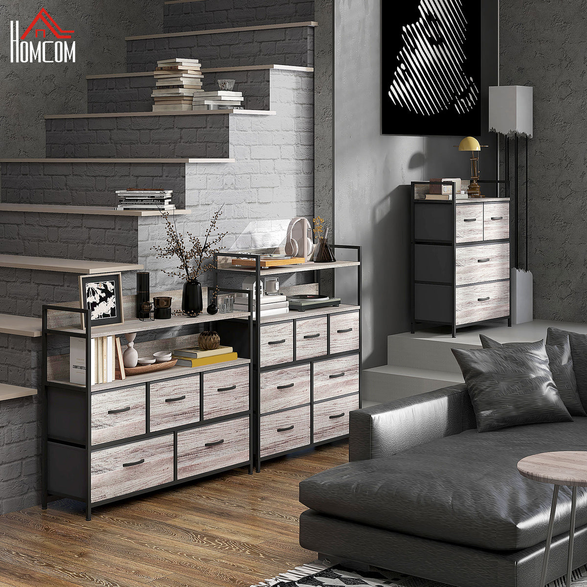 Meuble de rangement commode 7 tiroirs en tissu pliables et amovibles étagères ouvertes, gris