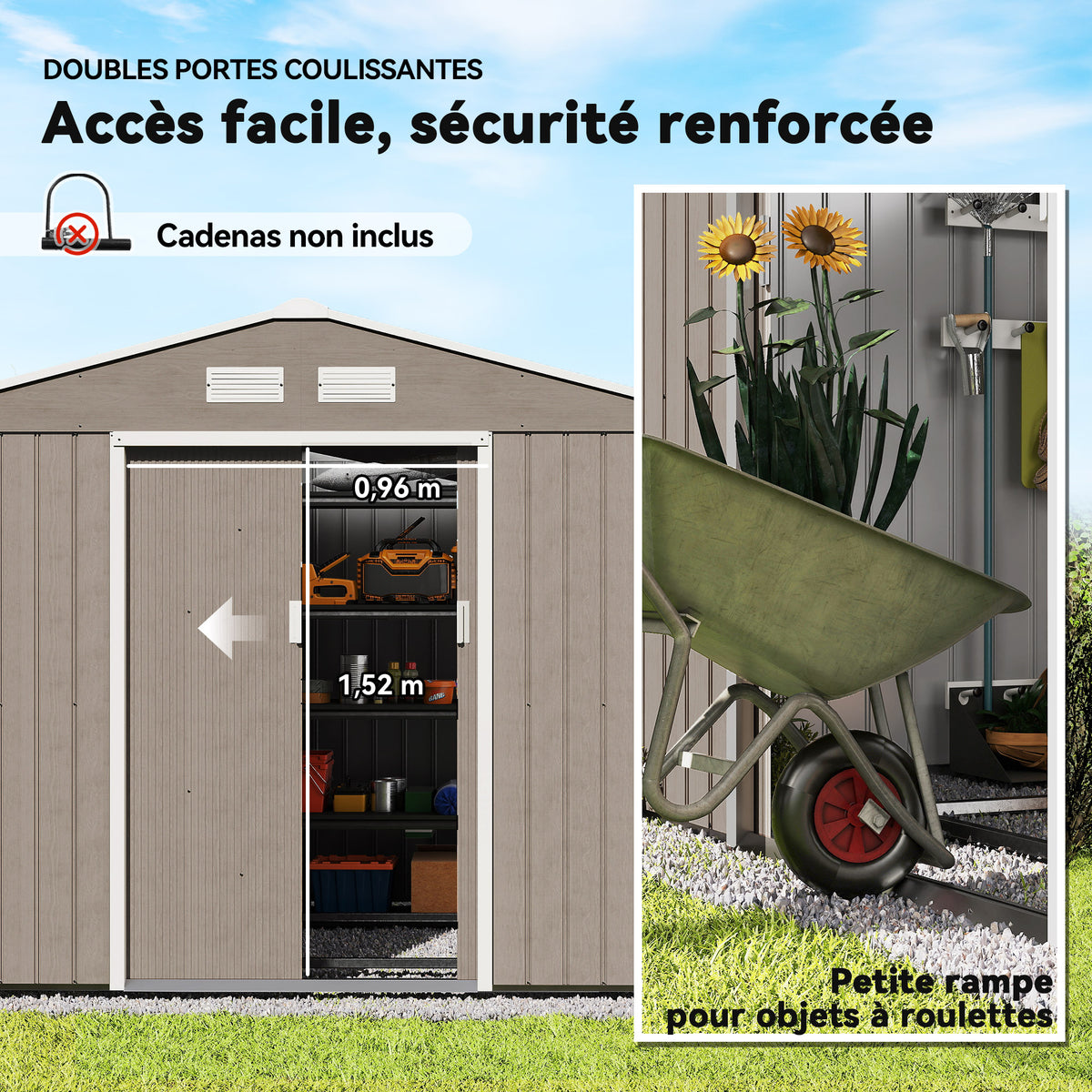 Abri de jardin 5,4 m² 2,77 x 1,95 x 1,92 m kit de fondation porte coulissante ventilations acier galvanisé, marron clair