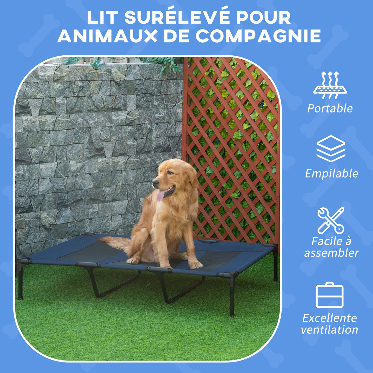 Lit sur pieds XXL pour chien chat lit de camp animal 122L x 92l x 23H cm bleu foncé