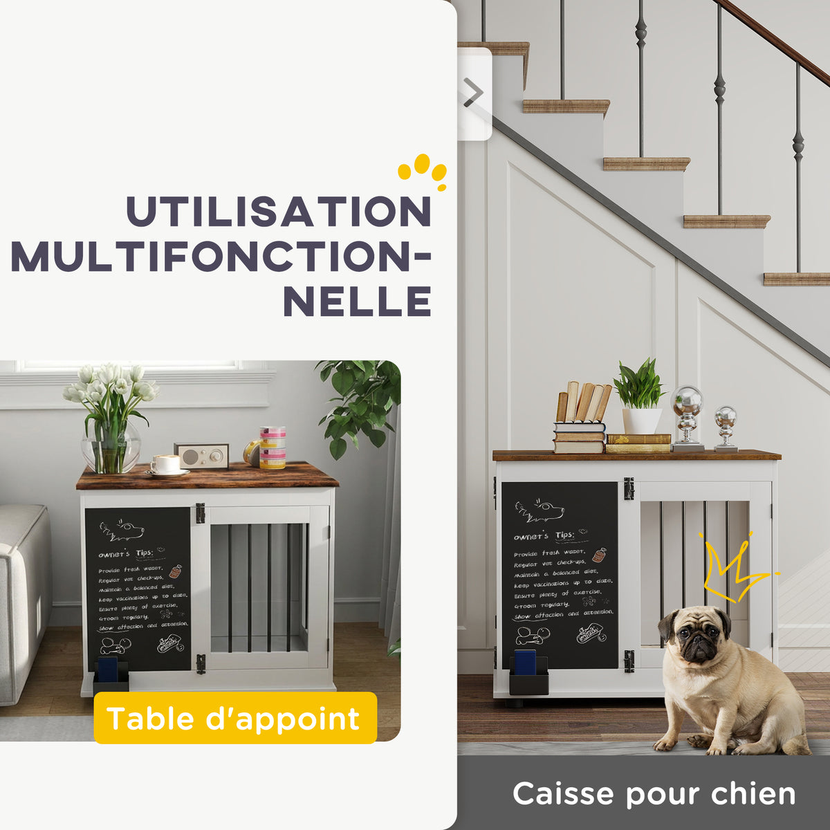 Cage pour chien cage chien intérieur avec 2 portes tableau noir pour chiens taille moyenne 20 kg 80 x 60 x 70 cm blanc