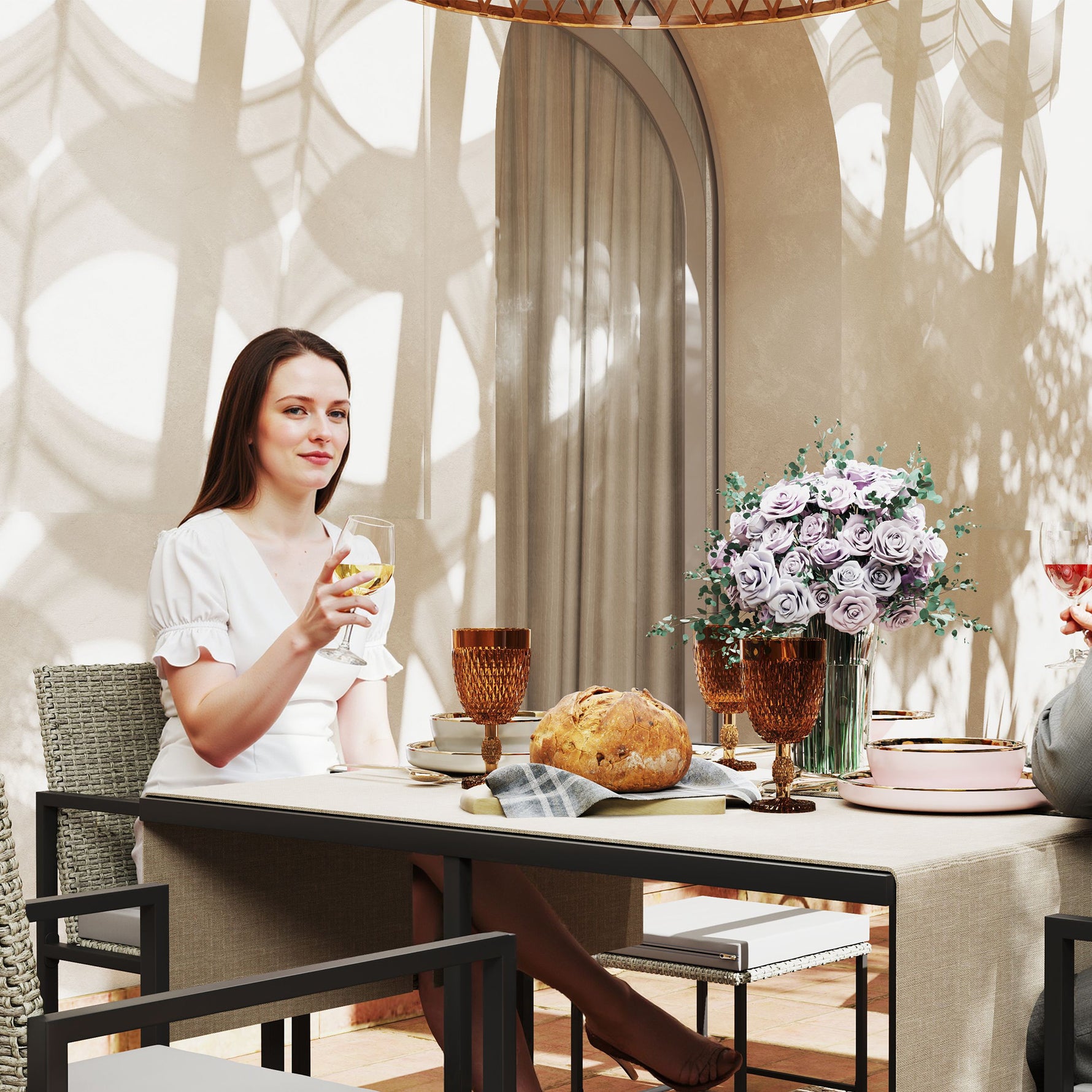 Salon de jardin extérieur en résine tressée 8 places avec coussins et plateau en verre trempé, gris
