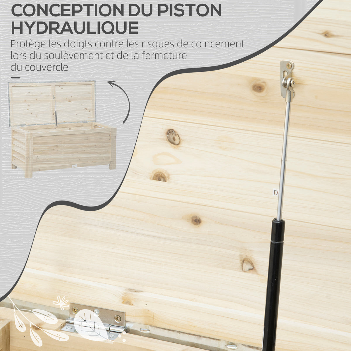 Coffre de jardin en bois et couvercle en métal galvanisé 155L avec vérins - 110 x 50 x 50 cm