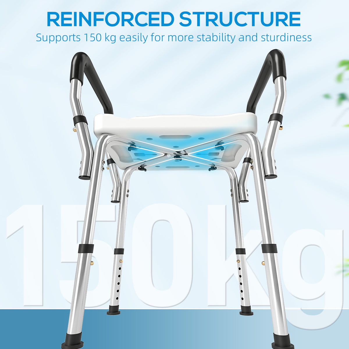 Tabouret de douche pour personnes âgées et handicapées avec accoudoirs, hauteur réglable, patins antidérapants, blanc