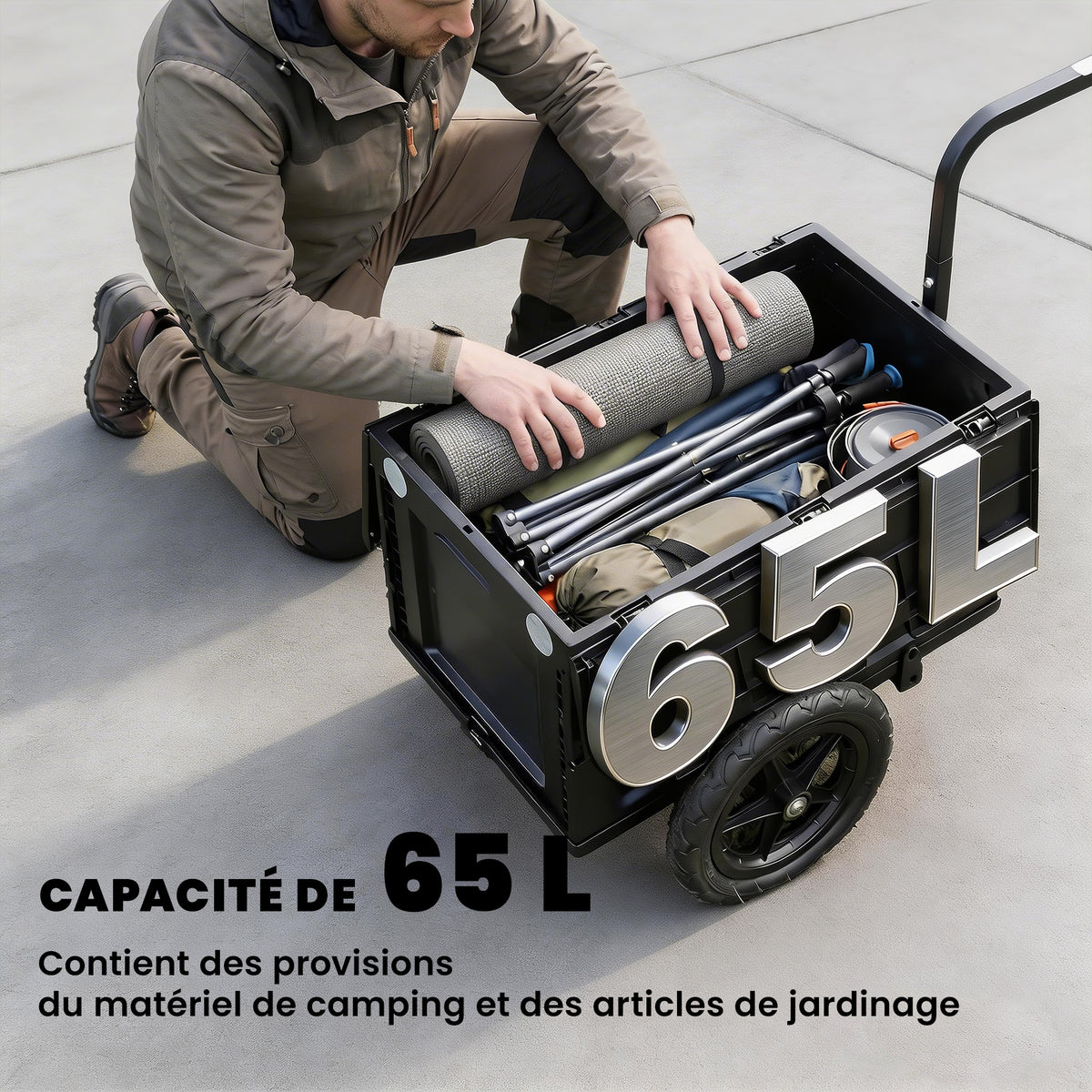 Remorque Vélo Cargo Chariot de Transport Pliable Caisse Plastique 65L Couvercle Dégagement Rapide 145x51,5x72cm Noir