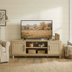 Meuble TV 135 cm, meuble télé pour téléviseur jusqu'à 65 pouces avec 2 portes en rotin, 2 compartiments ouverts, chêne