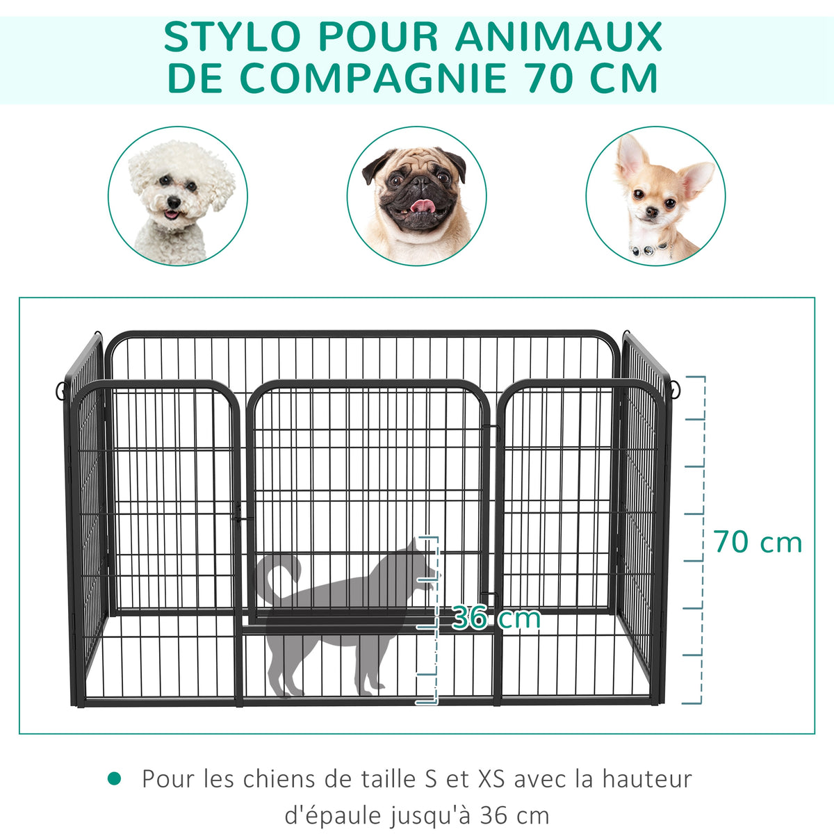 Luxe parc enclos modulable acier 4 panneaux et 1 porte pour chiens, lapins, rongeurs, petits animaux, intérieur et extérieur 125L x 70H cm noir