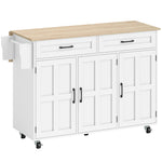 Îlot de cuisine avec plateau rabattable, chariot à roulettes 2 tiroirs, 3 portes, porte-racks et porte-serviettes, blanc