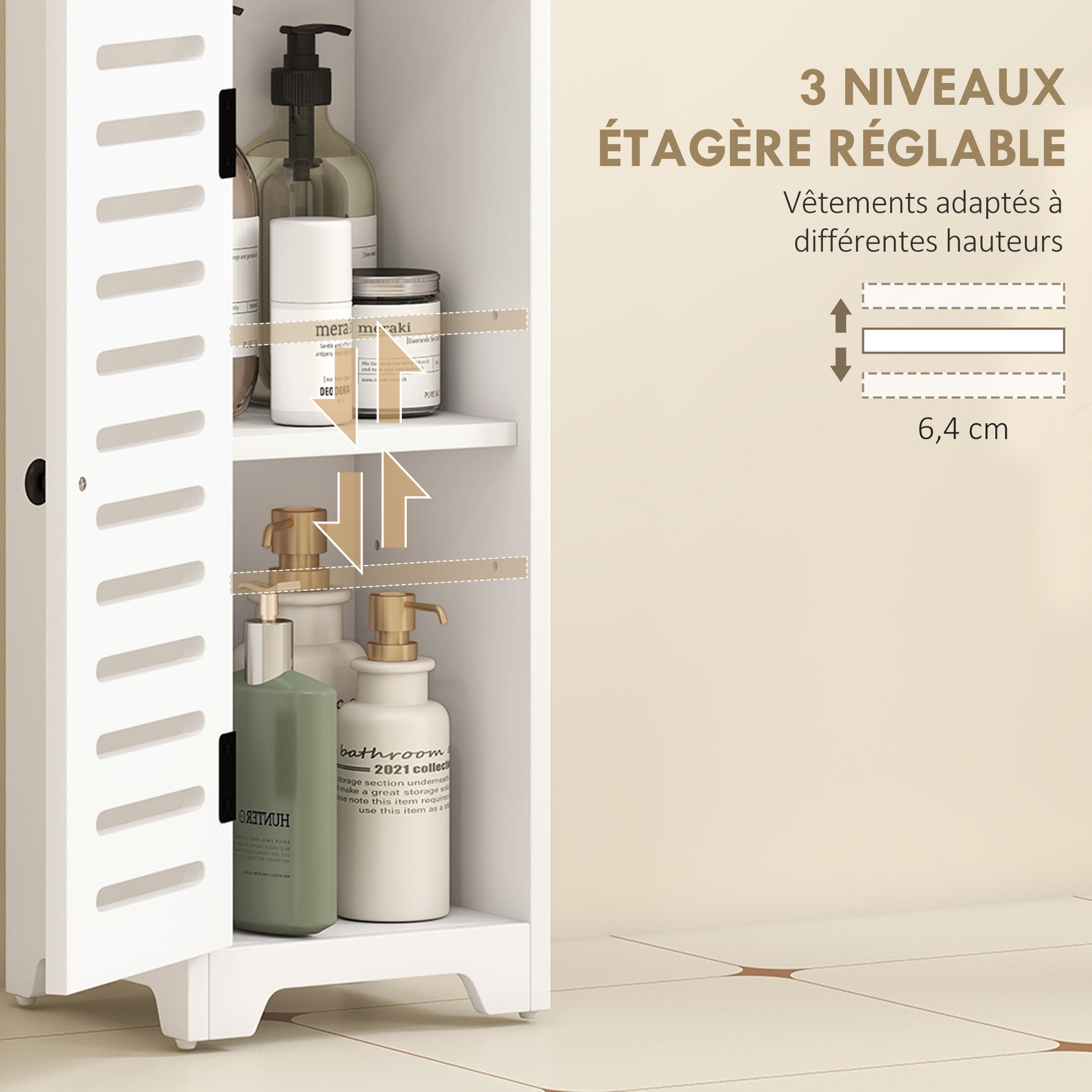 Meuble salle de bain, armoire salle de bain 4 niveaux  porte persienne, étagère ouvert, 22x20x75cm, blanc