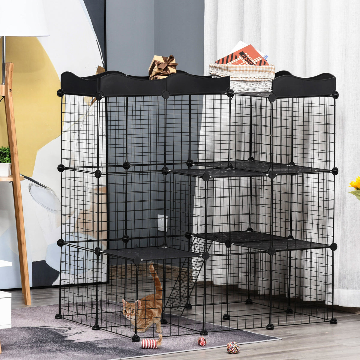 Lot de 2 cages parc enclos pour petits animaux chats visons modulable 3 niveaux 2 portes rampe fil métallique noir