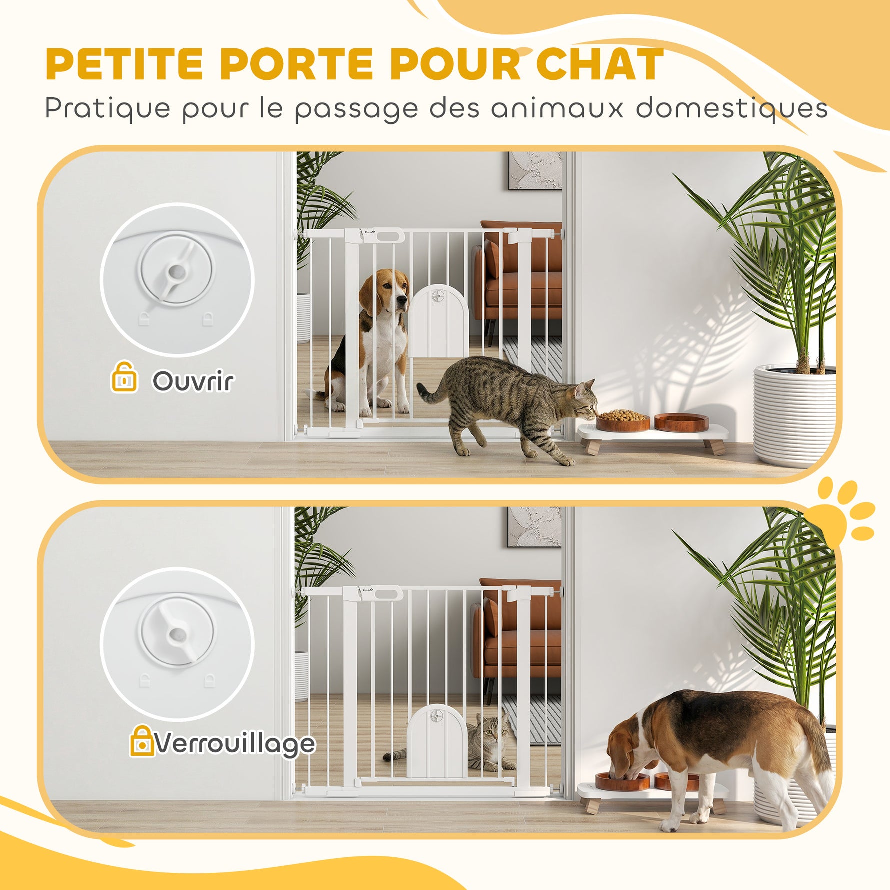 Barrière de sécurité animaux avec porte fermeture automatique système de double verrouillage, acier blanc