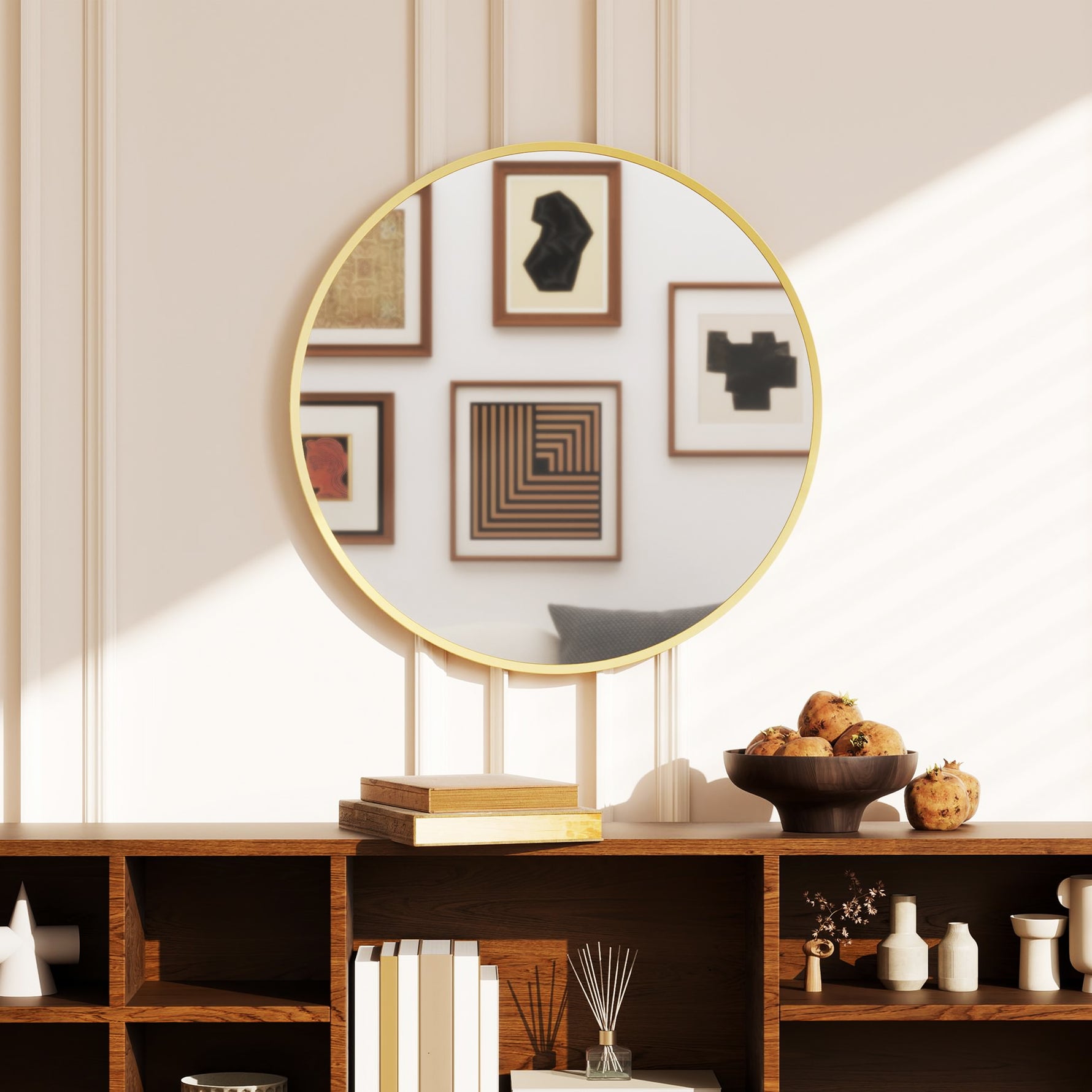 Miroir mural rond Ø 61 cm, cadre en alliage d'aluminium, pour salle de bain, chambre, salon, couloir, doré