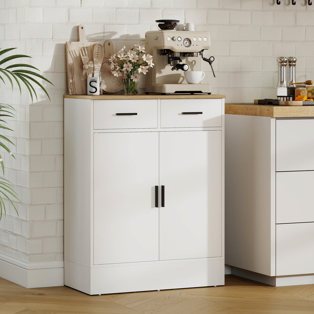 Buffet, meuble de rangement avec 2 portes, 2 tiroirs et étagère réglable, 68,6 x 35 x 90,3 cm, bois naturel et blanc
