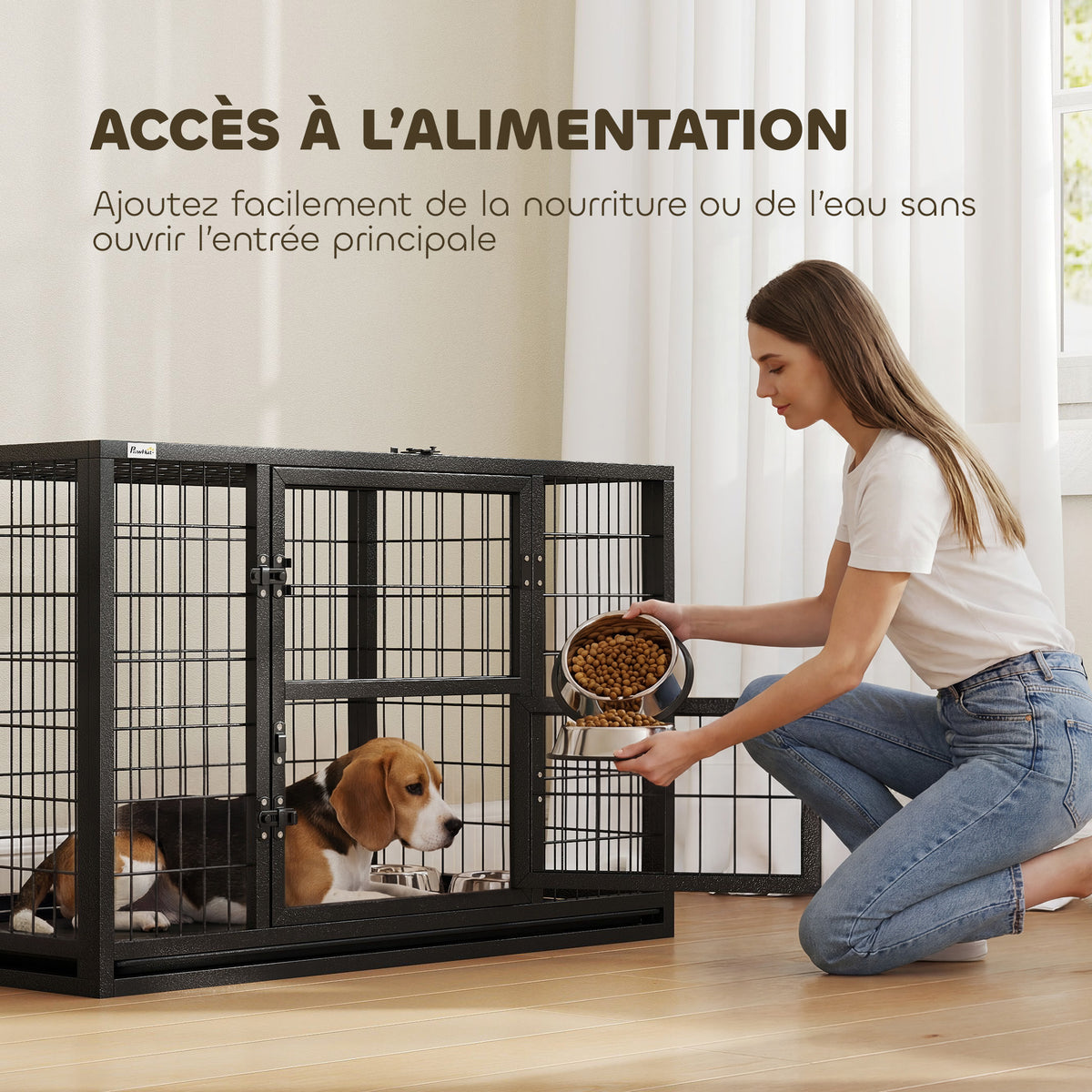 Jaula para perro resistente, caseta para interior con techo abatible y puerta de alimentación, acero, 94 x 60 x 64 cm, negro