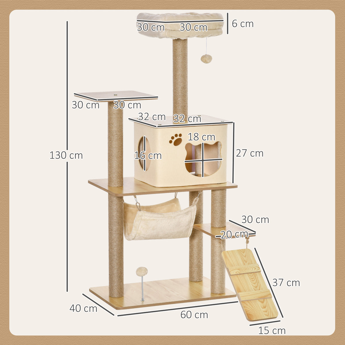 Krabpaal speeltoren voor katten, plateaus, huisje, bed, hangmat, ladder en krabpalen van jute 60x40x130cm geel