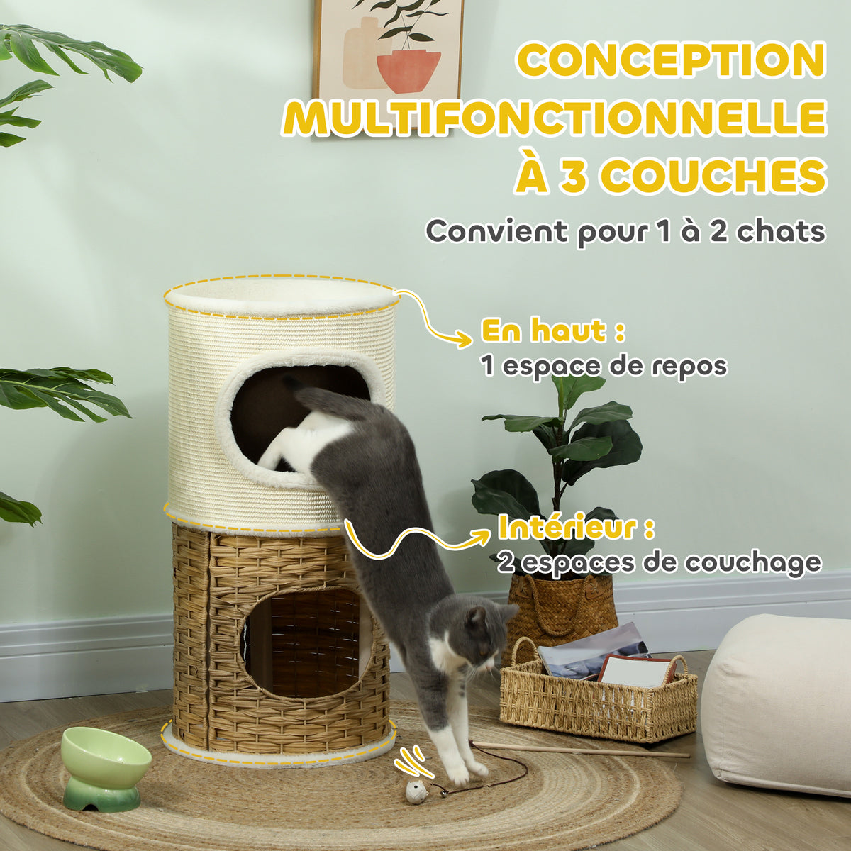 3-laagse binnenkattenmand, kattentoren met sisal krabpaal Ø 40 x 80 cm, crème