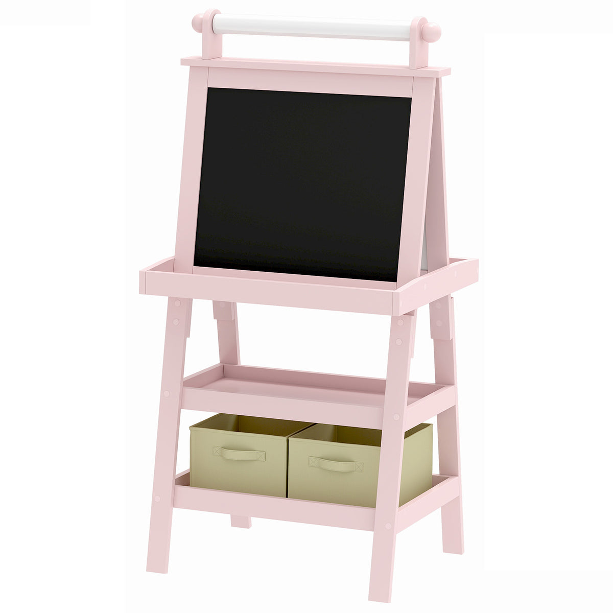 Tableau chevalet enfant 3 en 1 avec tableau blanc magnétique, tableau à craie, rouleau papier, 2 paniers, 3-6 ans, rose