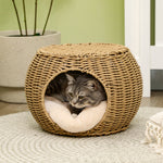 Niche-mand met 2 niveaus voor katten van gevlochten hars met rotanlook, inclusief 1 zacht kussen, Ø 40 x 30 cm, lichtbruin