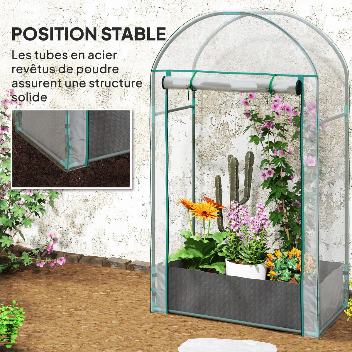 Mini serre de jardin serre balcon avec sac de plantation et housse en plastique renforcé, porte enroulable, transparente