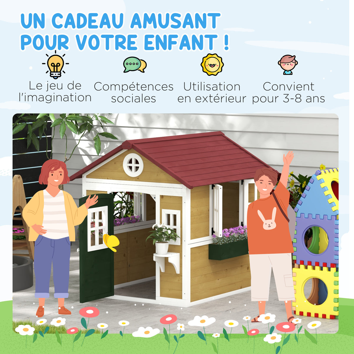 Cabane enfant extérieur maison enfant extérieure avec porte fenêtres et jardinières 114 x 126,4 x 135 cm beige