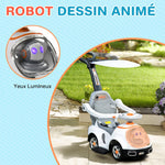 Porteur enfants, porteur bébé voiture à pousser 3 en 1 avec robot thème, pédales, poignée parentale, blanc