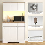 Buffet cuisine meuble cuisine rangement haut avec lumière LED RGB, plan de travail, 6 portes, 2 tiroirs, blanc