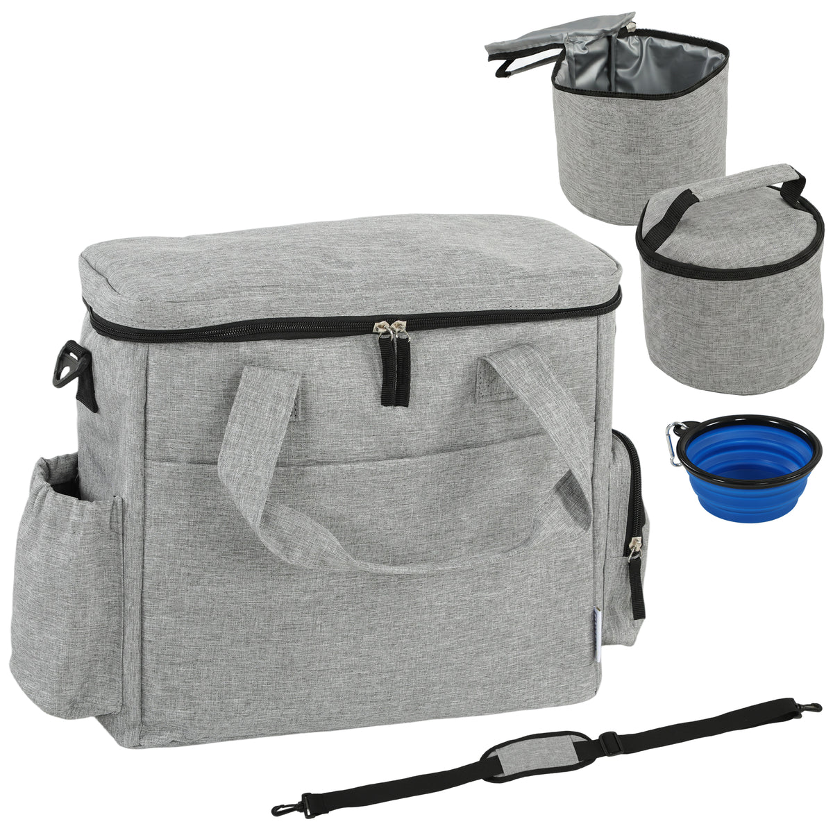 Sac de Transport pour Chien avec Poches, 2 Sacs à Nourriture, Bol Pliable, Séparateur Réglable, 38x17x35cm, Gris Clair
