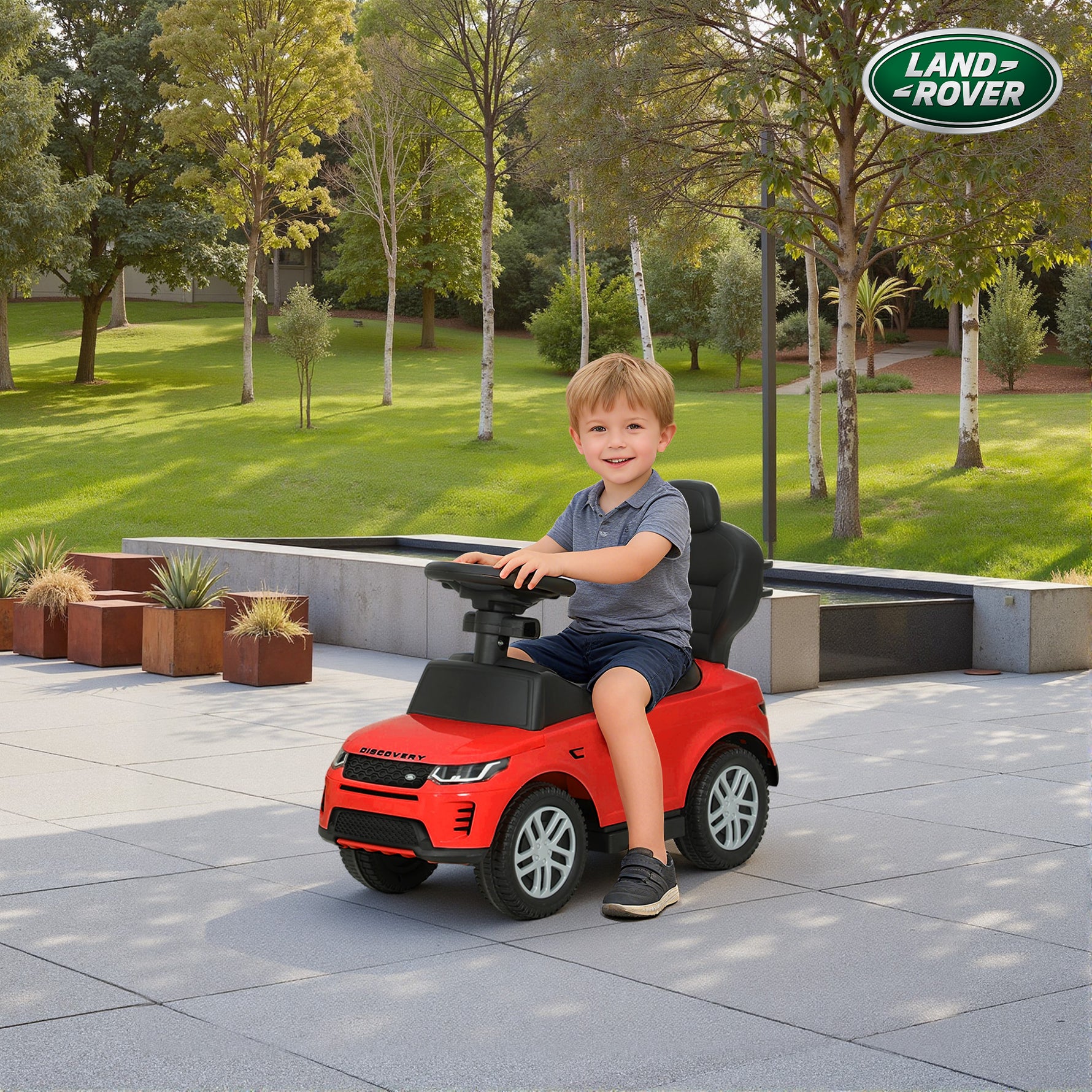 Porteur enfants Land Rover Discovery sous licence, porteur voiture à pousser avec poignée amovible, 84x40x94,5cm, rouge